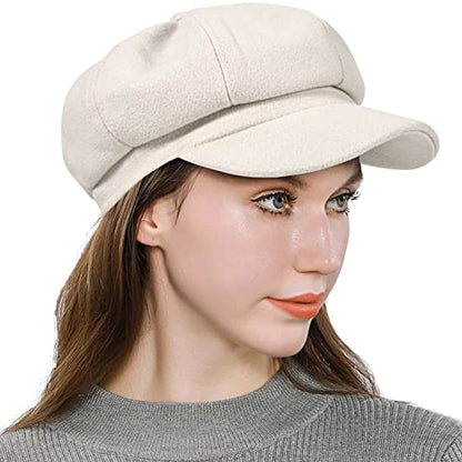Women’s Newsboy Cap Wool Blend Retro Solid Color Girls Fashion Gatsby Cabbie Visor Beret Hat - color: Beige
