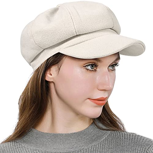 Women’s Newsboy Cap Wool Blend Retro Solid Color Girls Fashion Gatsby Cabbie Visor Beret Hat - color: Beige