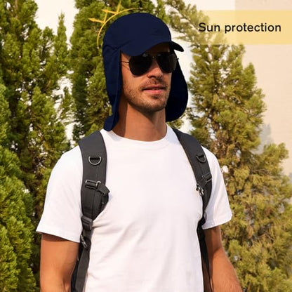 American Trends Mens Sun Hat with Neck Flap, UV Protection Outdoor Flap Hat, Packable Soft Fishing Hiking Gardening Hat - color: Navy