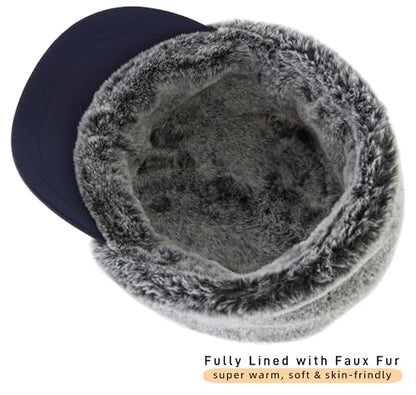 Connectyle Men's Winter Hat with Visor Warm Earflaps Hat Fully Lined Faux Fur Baseball Cap Trapper Hunting Hats - color: Navy