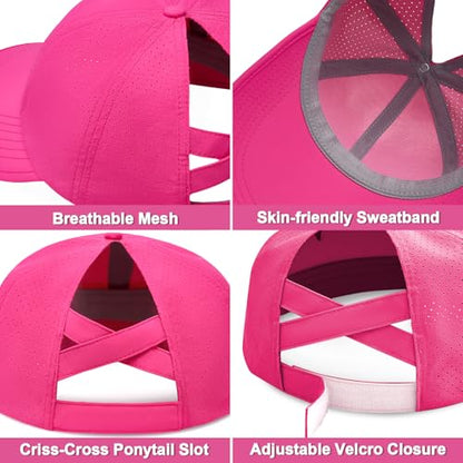 Women's Wide Brim Sun Hat with Ponytail Hole, UV Protection Criss Cross Sun Visor Hat, Lightweight & Quick-Drying Beach Cap - color: Hot Pink