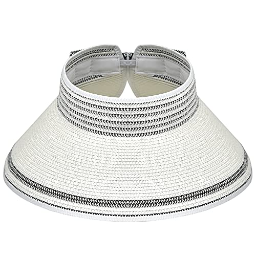 Women Sun Visors Foldable Straw Hats Summer Beach Packable Hat Floppy Wide Brim Cap Deep Style, Adjustable Size - color: White