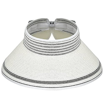 Women Sun Visors Foldable Straw Hats Summer Beach Packable Hat Floppy Wide Brim Cap Deep Style, Adjustable Size - color: White