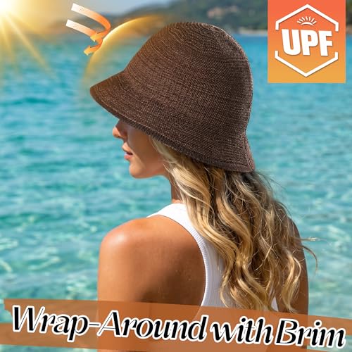 Babalet Summer Straw Beach Sun Hats for Women Packable Floppy Bucket Hat - color: Coffee