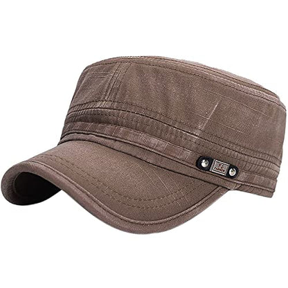 Unisex Cadet Army Cap Adjustable Flat Top Cap Washed Cotton Military Hat Baseball Cap - color: Brown
