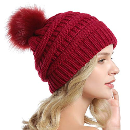 Women Knit Slouchy Beanie Chunky Baggy Hat with Faux Fur Pompom Winter Soft Warm Ski Cap - color: E2-red