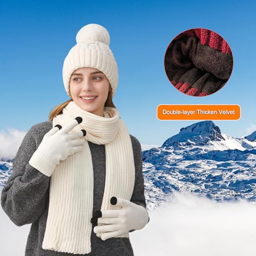 HUAMULAN Women Winter Knit Beanie Hat Circle Scarf Set Pompoms Ear Flaps - color: Cream White With Scarf and Gloves