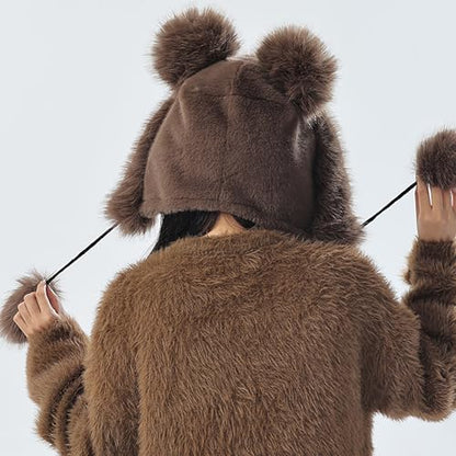 Winter Faux Fur Hat with Ears Flaps Fluffy Bear Beanie Cap Animal Lovers Gift - color: Coffee