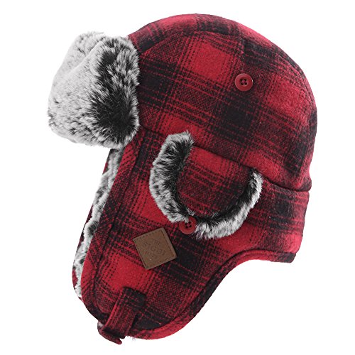 Jeff & Aimy Stylish Plaid Winter Wool Trapper Faux Fur Earflap Hunting Hat Ushanka Russian Cold Weather Thick Lined 55-61CM - color: Red, size: Medium