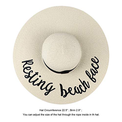 DRESHOW Big Straw Sun Hats for Women Floppy Foldable Roll up Beach Cap Sun Hat UPF 50+ Vacation Honeymoon Embroidered Hat - color: Z Resting Beach Face: Beige
