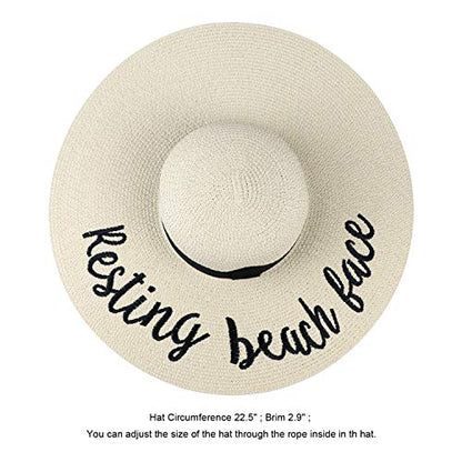 DRESHOW Big Straw Sun Hats for Women Floppy Foldable Roll up Beach Cap Sun Hat UPF 50+ Vacation Honeymoon Embroidered Hat - color: Z Resting Beach Face: Beige
