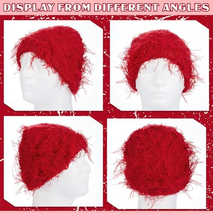 Chuarry Distressed Knitted Beanie Fuzzy Winter Hat - color: Red
