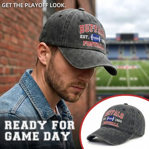Football Hat for Men Women, Vintage Washed Embroidered City Dad Cap, Adjustable Baseball Cap for Game Day Fans - color: G-buttalo