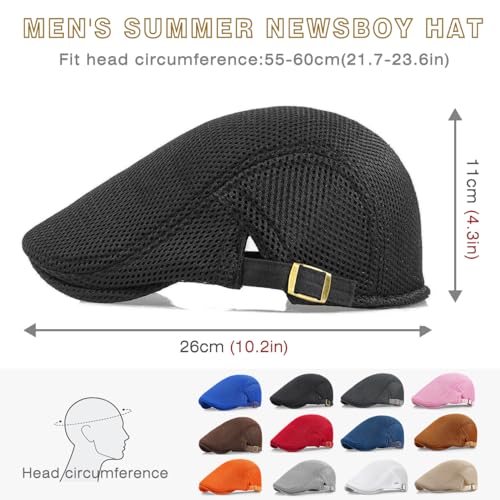 2 Pack Men's Mesh Cap Breathable Summer Newsboy Hat Adjustable Beret Ivy Cap Irish Cabbie Driving Hunting Hats - color: Black/White