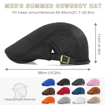 2 Pack Men's Mesh Cap Breathable Summer Newsboy Hat Adjustable Beret Ivy Cap Irish Cabbie Driving Hunting Hats - color: Black/White
