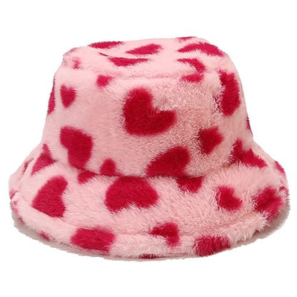 Winter Faux Fur Furry Bucket Hat Fluffy Fuzzy Warm Hat Plush Fisherman Hat for Women Men Teens Girls - color: Pink Heart