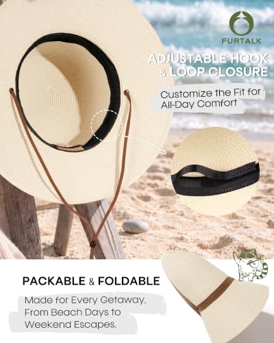 FURTALK Womens Wide Brim Sun Hat with Wind Lanyard UPF Summer Straw Sun Hats for Women - color: Cream White, size: Medium-Large