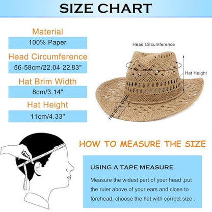 GEMVIE Men & Women's Summer Cowboy Cowgirl Straw Hat Hollow Out Style Roll Up Brim Cowboy Sun Hat - color: Coffee