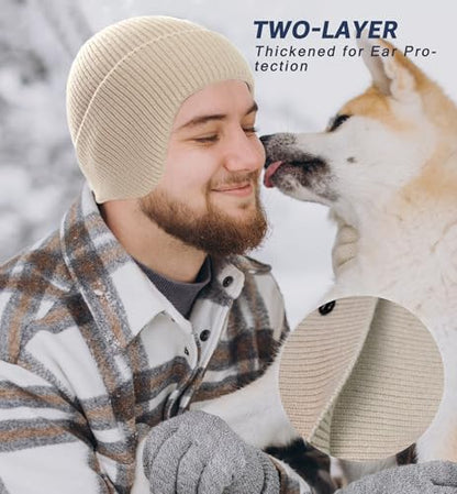 HiRui Knit Beanie Hats Winter Hats Ear Covers for Men Women-Warm Daily Headwear - color: Beige
