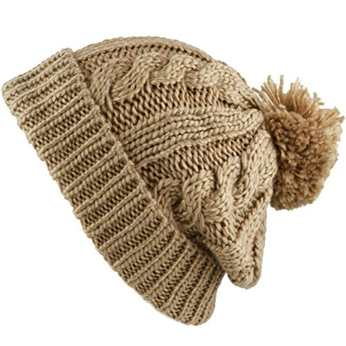Women and Men Beanie Daily Winter Oversized Thick Stretchy Knitted Pom Pom Beanie Fleece Lined Beanie Hat - color: 1. Curly Khaki