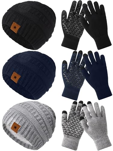 JaGely 6 Pcs Women Winter Beanie Hat Gloves Set Warm Knitted Hats and Touchscreen Gloves Lady Cold Winter Gifts for Christmas - color: Black, Grey and Dark Blue