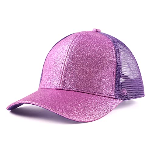 Zsedrut Girls Glitter Baseball Cap Kids Adjustable Ponytail Hat Toddler Summer Mesh Trucker Hats - color: Purple