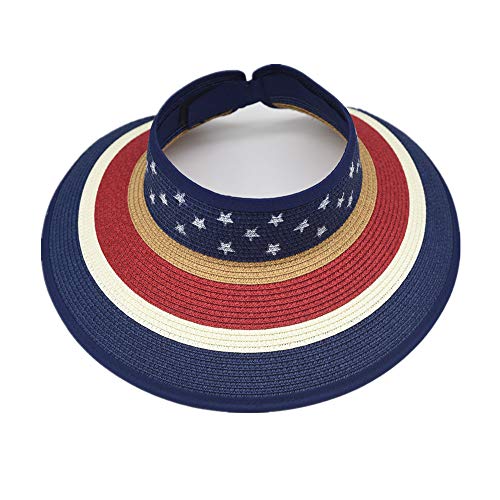 Women Sun Visors Foldable Straw Hats Summer Beach Packable Hat Floppy Wide Brim Cap Deep Style, Adjustable Size - color: American Classic