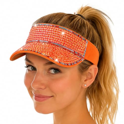 Shiny Women's Bling Rhinestone Visor Sun Protection for Tennis Golf Beach - color: Orangeabcolorf