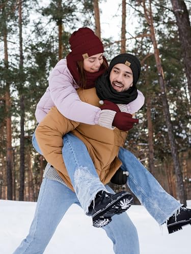 LOROME Winter Beanie Hat Scarf Gloves, Warm Fleece Knit Neck Scarf Set Gift - color: Wine Red