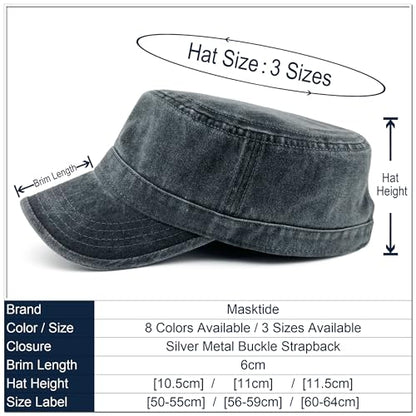 Washed Cotton Military Hat Cadet Cap Army Flat Top Basic Everyday - color: Darkgrey, size: X-Small-Small