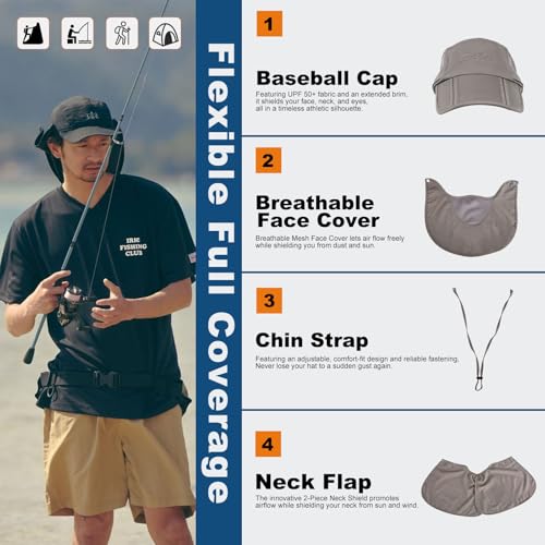 Surblue Baseball Sun Cap with Removable Neck Flap and Face Mask UPF 50+ - color: A-light Grey, size: Medium