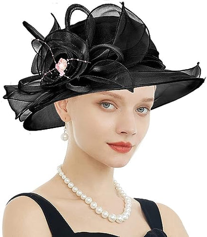Women's Kentucky Derby Church Dress Hat Wide Brim Leaf Flower Bridal Shower Hat - color: F9 Black