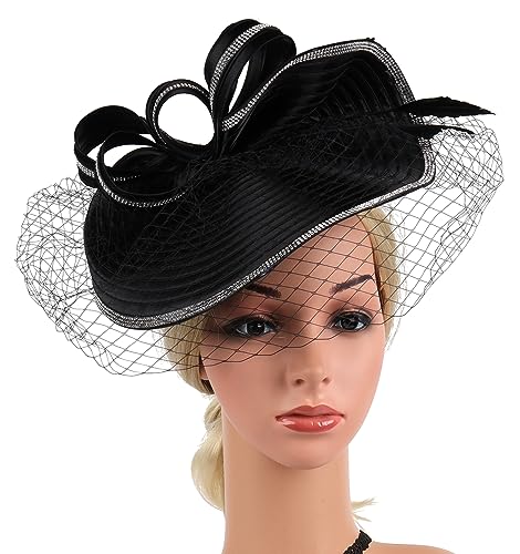 ORIDOOR Women Fascinators Derby Church Tea Party Wedding Flower Feathers Headpiece with Headband Clips - color: A Black
