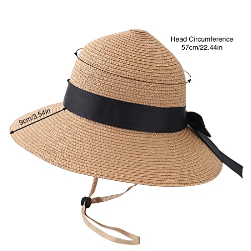 Sun Straw Hat for Women with Wind Lanyard Wide Brim Foldable Beach Summer Hats Womens UV 50+ Protection Bowknot Cap - color: Light Purple