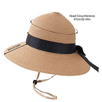 Sun Straw Hat for Women with Wind Lanyard Wide Brim Foldable Beach Summer Hats Womens UV 50+ Protection Bowknot Cap - color: Khaki