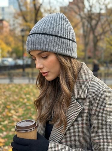 Beanie for Men Women Unisex Winter Hat Cuffed Thick Chunky Knitted Beanies Skull Cap - color: Gray With Black Cuff