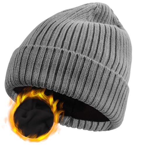 ZTL M/L/XL/XXL Merino Wool Beanie for Men Women, Fleece Lined Large Winter Hat, Big Knitted Cuffed Beanie Ski Skull Cap - color: Grey, size: X-Large-XX-Large