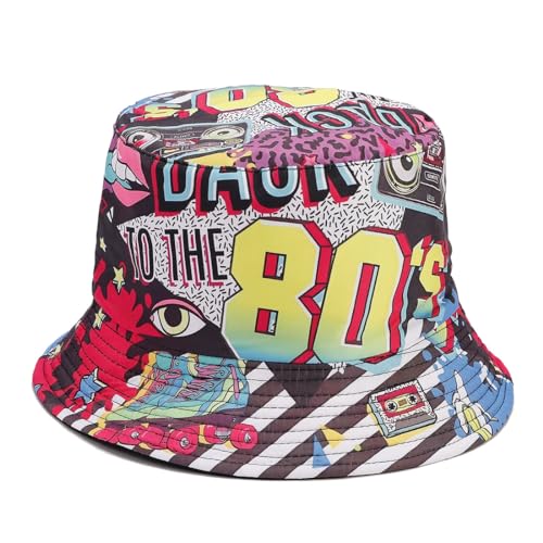 Quanhaigou Reversible Printed Bucket Hat,Summer Beach Outdoor Cap - color: Back to 80s