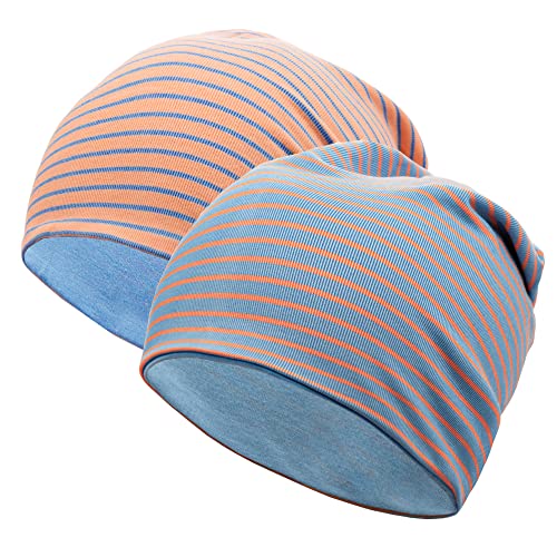 EMPIRELION 9" Women Lightweight Beanies Hats, Thin Sports Running Skull Cap Chemo Headwear Sleep Caps - color: Lilac/Orange Stripe + Dk Pink/Blue Stripe