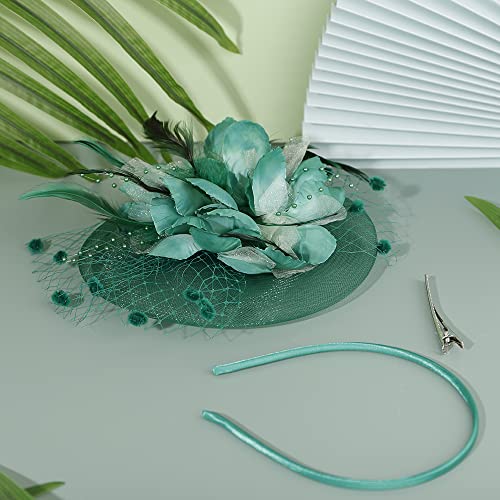 JWICOS Fascinators Hat for Women 50s Flower Hat with Veil Cocktail Wedding Tea Party Church Derby Hat - color: Green