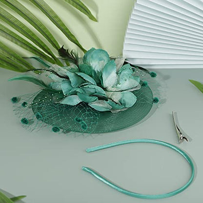 JWICOS Fascinators Hat for Women 50s Flower Hat with Veil Cocktail Wedding Tea Party Church Derby Hat - color: Green
