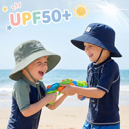 Kids Sun Hat Smile Face Bucket Hat Toddler Hat Wide Brim Adjustable Strap - color: Navy Blue+pea Green, size: 3-8T