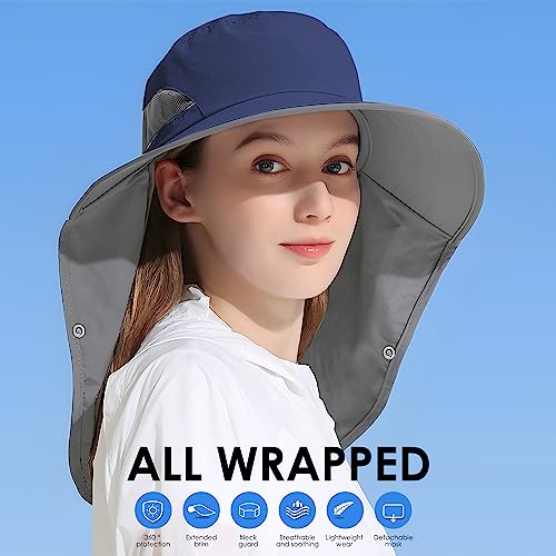 Outdoor Sun Hat Detachable Neck Face Flap UPF 50+UV Protection Visor Fishing Hats with Neck Flap for Men & Women - color: Navy