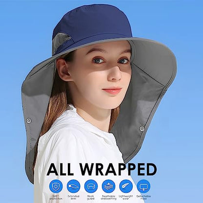 Outdoor Sun Hat Detachable Neck Face Flap UPF 50+UV Protection Visor Fishing Hats with Neck Flap for Men & Women - color: Navy