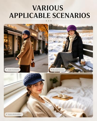 YSense 2 Pack Womens Winter Hats Warm Knit Beanie with Visor - color: Navy Blue Purple