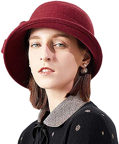 Bellady Women Solid Color Winter Hat 100% Wool Cloche Bucket with Bow Accent - color: Dark Red