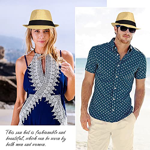 Summer Straw Fedora Hat Short Brim Panama Sun Hat Trilby Beach Hat for Men & Women - color: A-khaki-01, size: Large