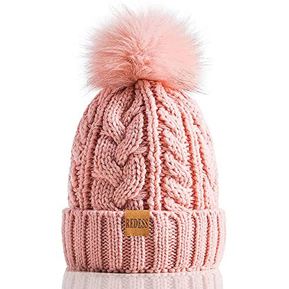 REDESS Women Winter Pompom Beanie Hat with Warm Fleece Lined Thick Slouchy Snow Knit Hat Skull Ski Cap - color: Pink