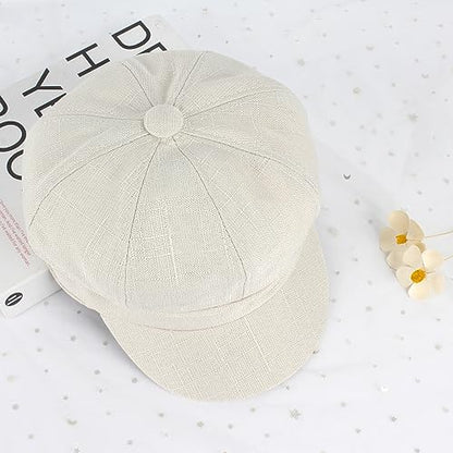 Women Cotton Blend Newsboy Cap Cabbie Paperboy Painter Visor Hat - color: Beige White B