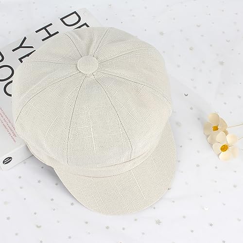 Women Cotton Blend Newsboy Cap Cabbie Paperboy Painter Visor Hat - color: Beige White B